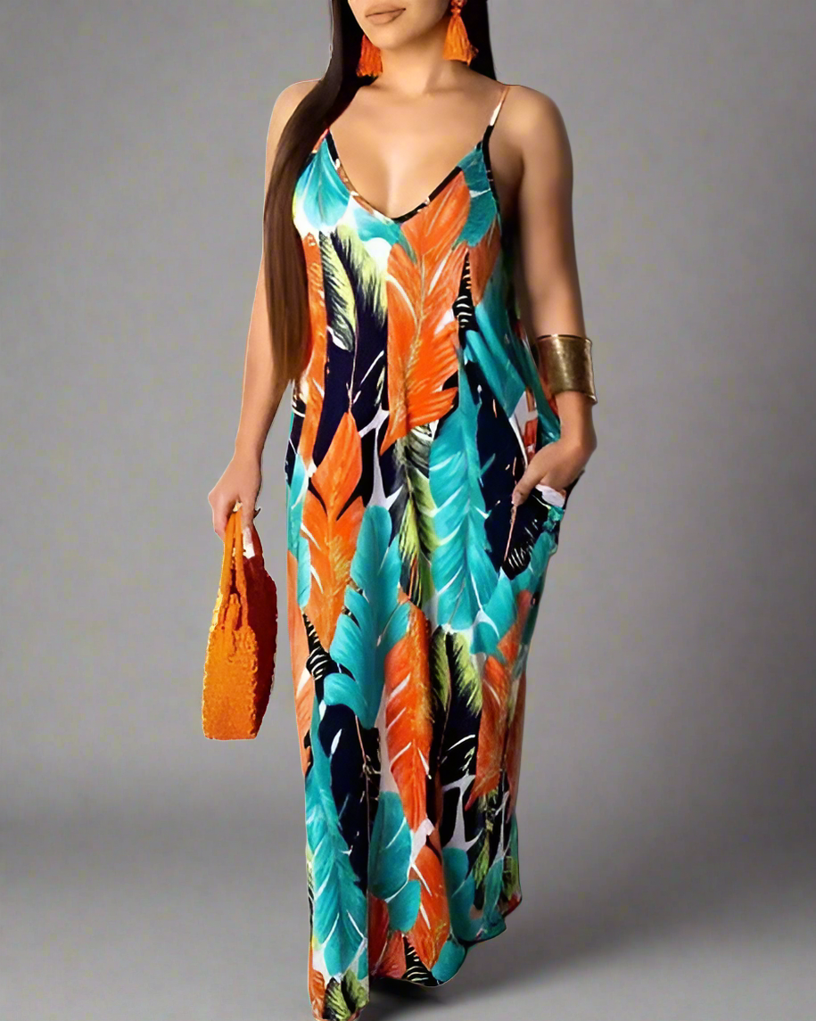 Tropical Leaf Printed Maxi Dress