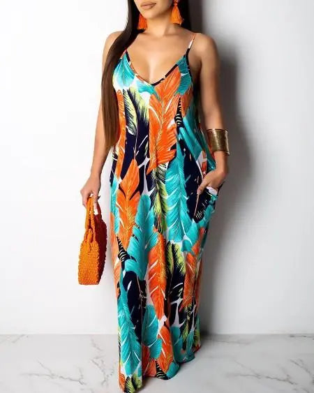 Tropical Leaf Printed Maxi Dress - Curvy Pineapple Boutique